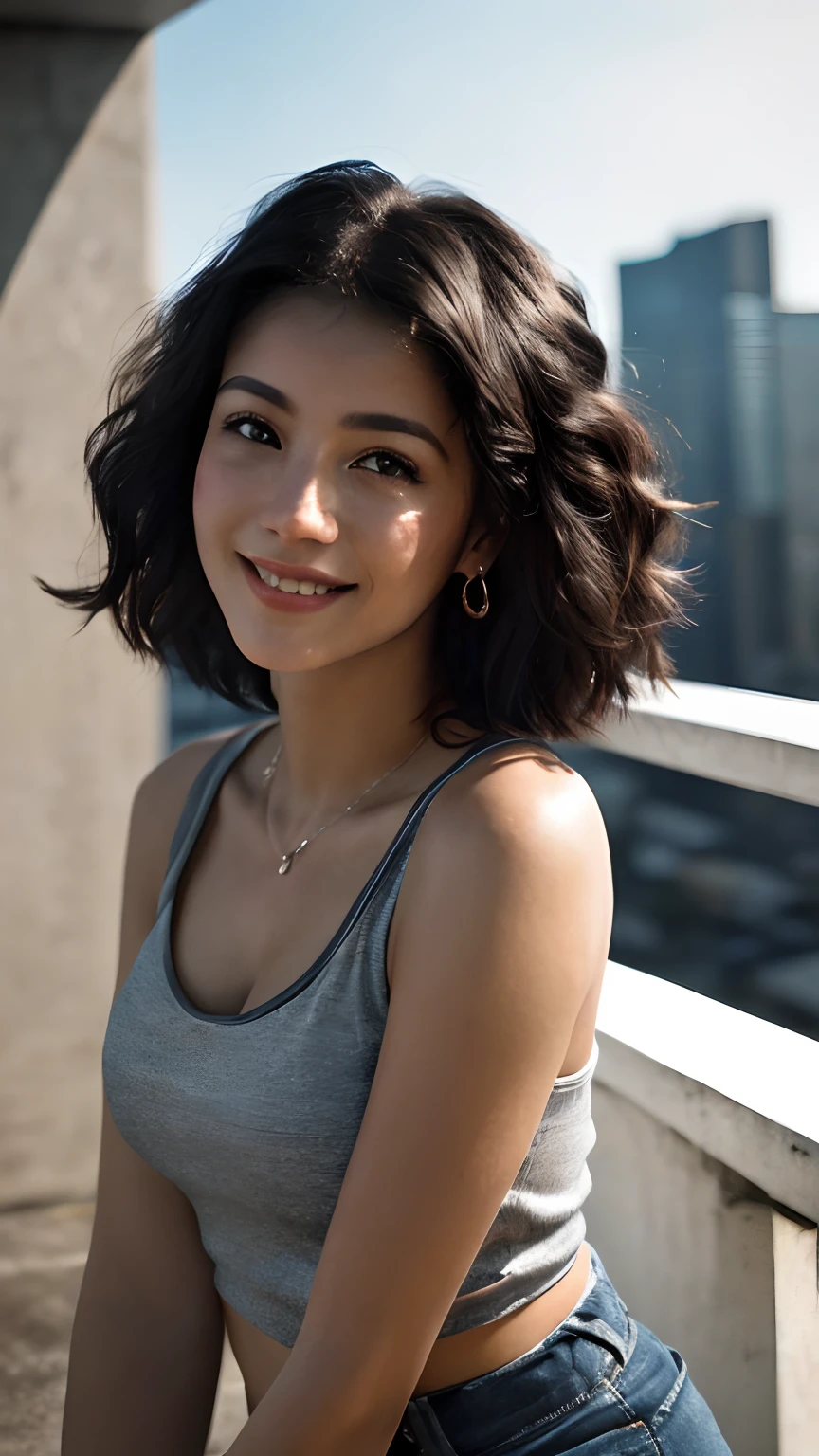 (RAW, analogue, Nikon Z 14mm ultra-wide angle lens, award-winning glamour photograph, ((best quality)), ((masterpiece)), ((realistic)), skin pores, subsurface scattering, radiant light rays, high-res, detailed facial features, high detail, sharp focus, smooth, aesthetic, extremely detailed, (extremely detailed eyes, extremely detailed iris), extremely detailed hair, extremely detailed skin, extremely detailed clothes, octane render, photorealistic, realistic, post-processing, max detail, realistic shadows, roughness, natural skin texture, real life, ultra-realistic, photorealism, photography, 8k UHD, photography, hdr, intricate, elegant, highly detailed, sharp focus, stunning, beautiful, gorgeous), (masterpiece:1.2, best quality1:1, ultra-detailed:1.2, best shadow, 8k:1.1), (massive city:1.3, rooftop:1.1, city structures below, handrails), (contrasting background, bright background), (beautiful detailed face), high contrast, (perfect illumination:1.2, beautiful color, delicate color), ((cinematic light)), colorful, hyper detail, dramatic light, intricate details, (1 girl, solo, black hair, smiling face, short hair, wavy hair:1.1, black eyes, dynamic angle, tanktop, shorts, cowboy shot, arms down), depth of field