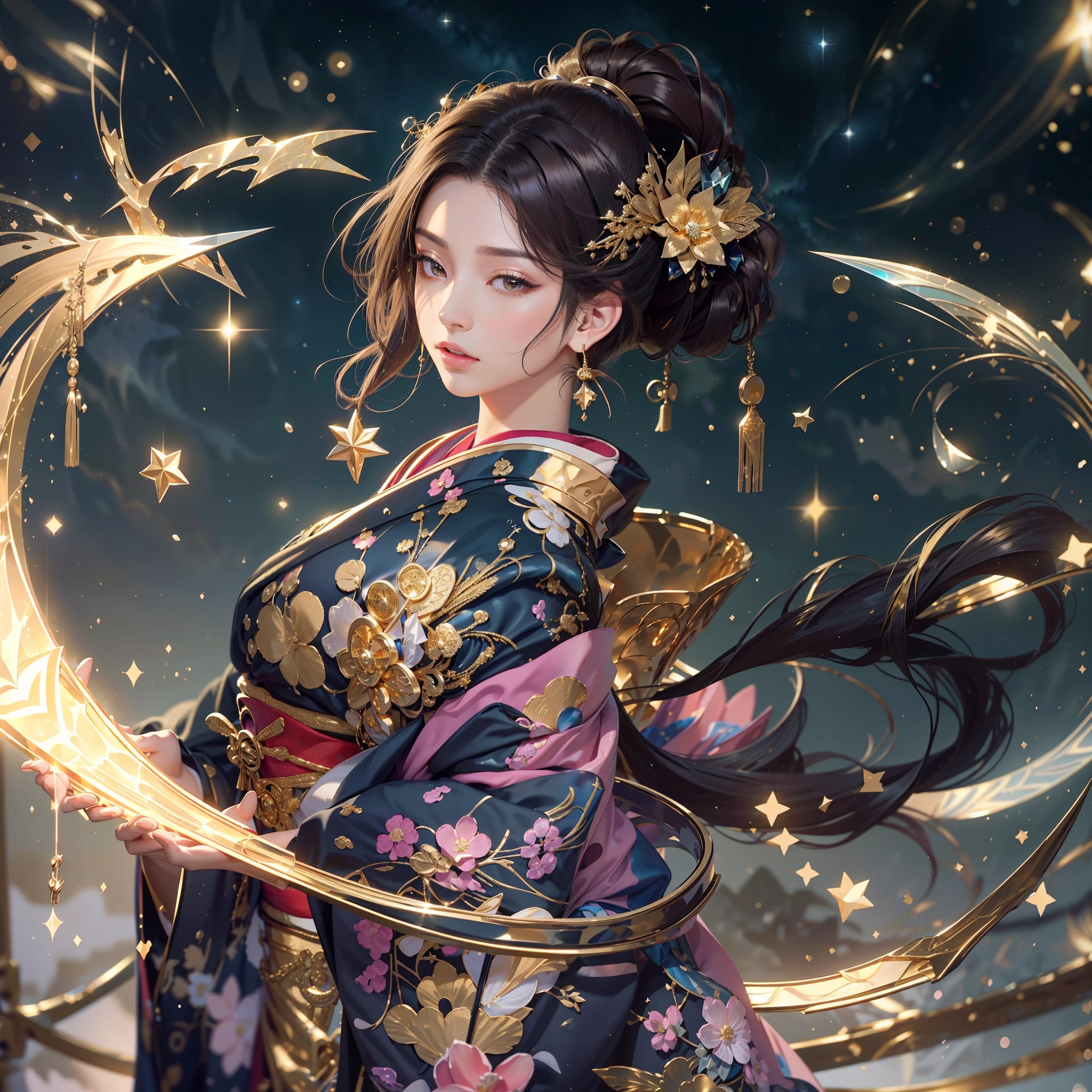 Detailed and detailed starry sky background,glossy dark hair,Break Ponytail、elaborate costume{Luxury kimono(Colorful kimono(Detailed golden embroidery,))}、face perfect,Depict a beautiful and graceful woman of Japan。Heart in the eye。 Wallpaper 8K, .Blur the background with a sickle,((masutepiece)), ((Best Quality)),{{Photorealistic}}