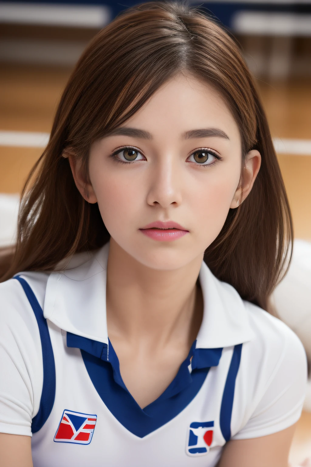 Best Quality,masutepiece,超A high resolution,(Photorealistic:1.4),Raw photo,(Authentic skin texture:1.3),(Film grain:1.3),the panorama,Character Portrait,Very Wide Shot,Narrow waist,Cowboy Shot,(In the Dark, deepshadow, lowkey, cold light,) Night,(()),Streaming Tears,,Dust,Tindall Effect,(expression),1girl in,beautiful detailed eyes and face,White Jabot,Brown eyes,((White Volleyball Uniform:1.3)) ((In the gym:1.4)) ((Brown hair:1.2)) ((Lying down:1.3)) ((Long hair)) ((Half French and half Korean:1.3)) ((full of sweat:1.4))