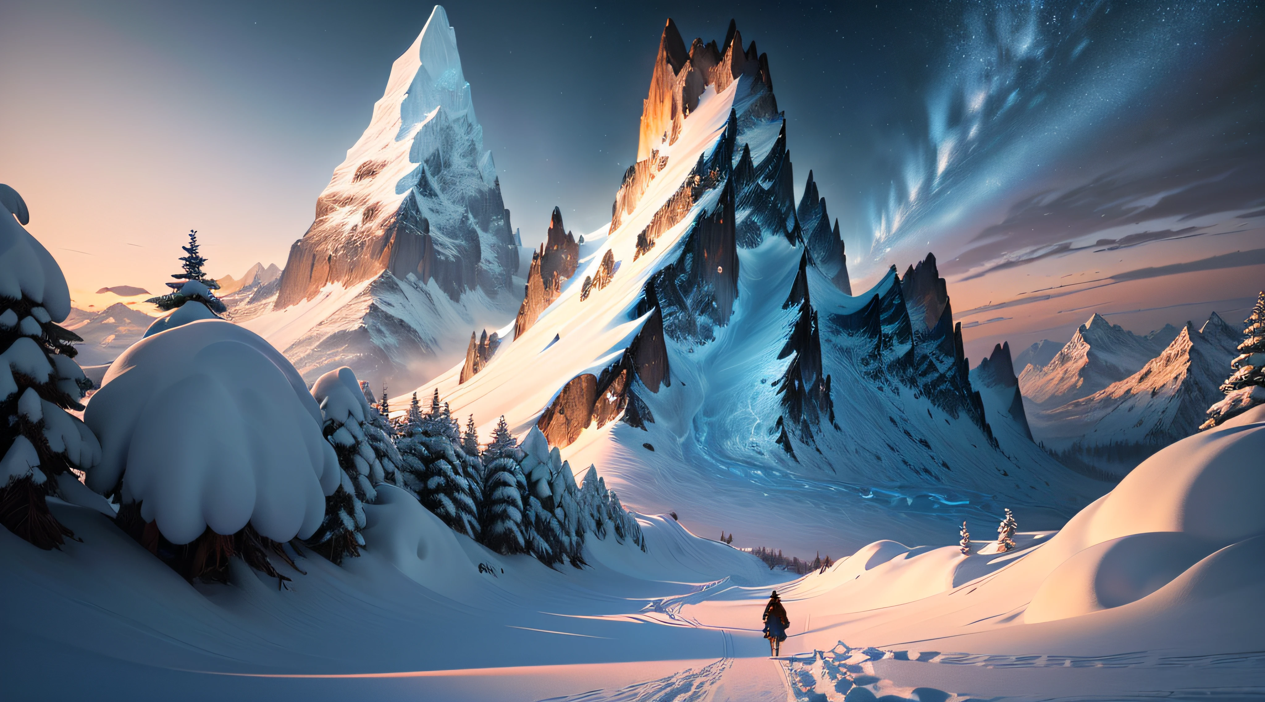 Masterpiece, best quality, (extremely detailed CG unified 8k wallpaper), (best quality), (best illustration), (best shadow), snow mountains, wilderness, snowflakes dancing,absurdity, realistic lighting, (abyss), beautiful detail lighting, Peter Mohr Bacher's art,(animated cartoon style:1.2)
