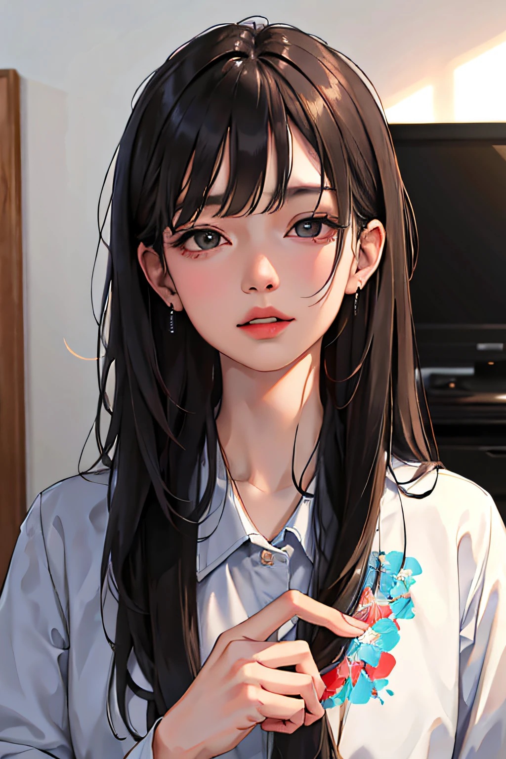 (masterpiece:1.2, Top Quality), (Real Pictures, intricated details), Solo, 1Middle-aged woman, close-up face, Printed shirt, (Front Focus), Looking at me, Bang bangs, Long hair, office