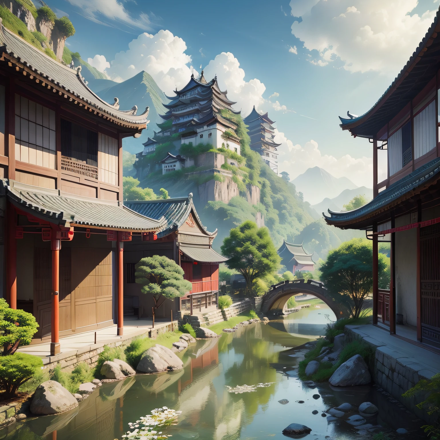 The combination of ancient Chinese cities and landscapes, Lush greenery, Flowing antiques, Quaint building, with blue sky and white clouds, The distant mountains are like daisy, Clear river, Bridge Garden, Harmony with nature