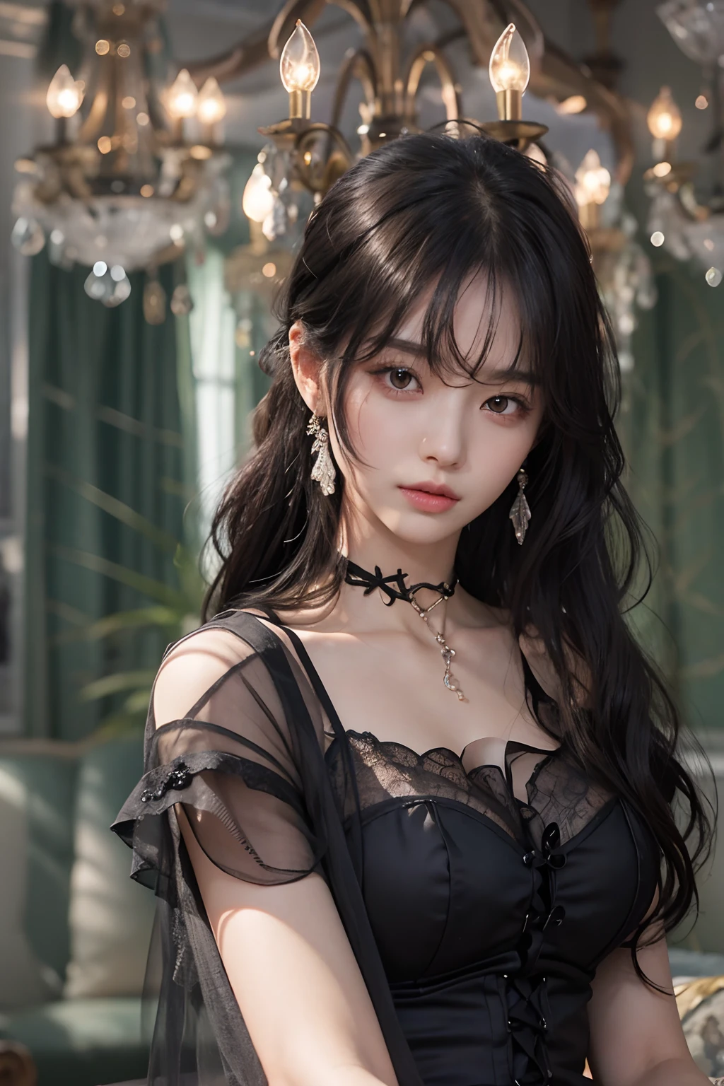 (Photoreal Stick:1.2)、in 8K、(One Woman)、in her 20s、(High quality shadows)、(A charming expression)、Detail Beautiful delicate face、Detail Beautiful delicate eyes、((bangss))、((Black hair ponytail))、Pretty Kpop Girl、(Korean Urzan Face)、(ulzzang -6500-v1.1:0.6)、pureerosface_v1、(looking at view)、gloweyes、perfectbody、Natural color reproduction、((strong lights))、(a choker)、((Brown eyes))、((A dark-haired))、(poneyTail)、((Beautiful Finger))、 Shiny hair、Description beautiful delicate hair、(Lustrous skin)、(Black see-through dress)、(Heavy bangs)、(corsets)、(long  skirt)、(early evening)、((Huge chandelier))、Background blur、(Sit on a large sofa)、(Relaxing Pose:1.5)、cinematic perspective、