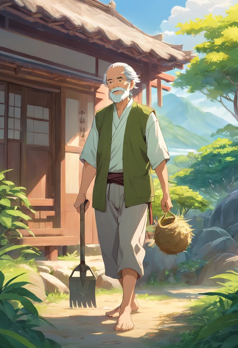 Oriental ancient vest。Old man with hoe, is working, farmer, The old man is farming with a hoe,old man,A longan tree。(Background with:There is a thatched hut behind you)