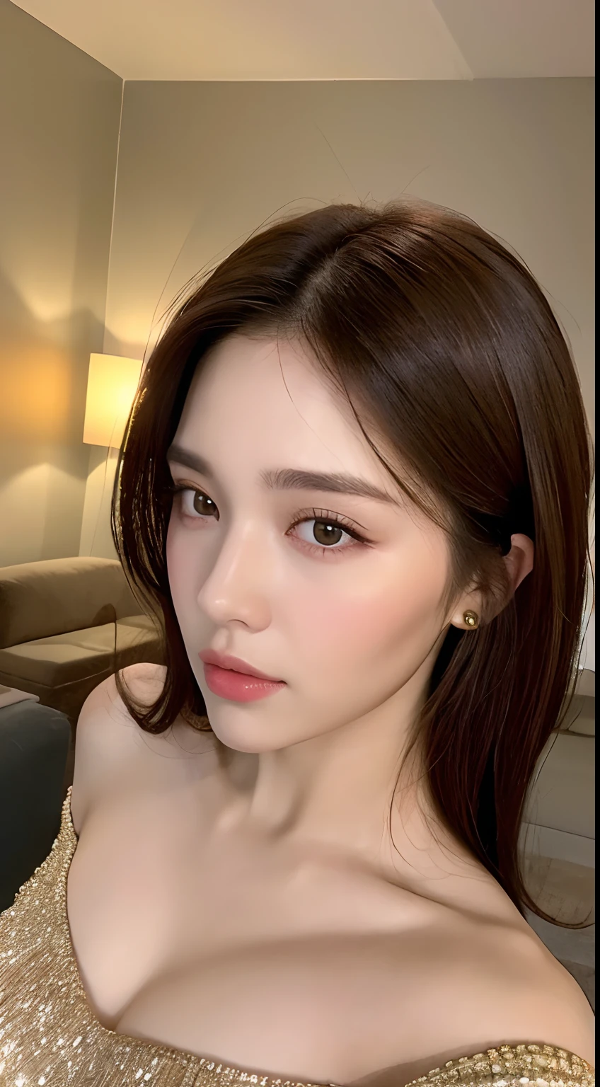 ((Night view, realistic light, best quality, 8k, masterpiece: 1.3)), 1girl, pretty woman with slim figure: 1.4, (brown hair, medium breasts: 1.3), off-the-shoulder cut top: 1.3, sofa, super detailed face, detailed eyes, double eyelids