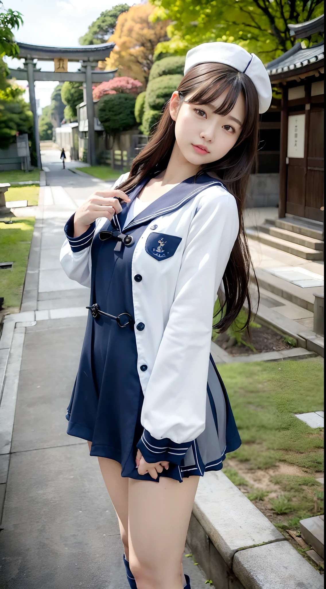 mix4, (16 K, Raw photography, Top image quality, masterpiece: 1.45), (realisitic, Photorealsitic: 1.37), one girls, 7.5, etc、Random hairstyle、Standing figure,Noon time slot、a very cute, Precincts of the shrine,, profetional lighting, photon maping, a park、physically-based renderingt, Gradient dark brown hair,, a handsome, Well-groomed and beautiful eyes、Large double eyelids、Very shiny、girl with, (((White long sleeve sailor suit worn by Japan high school girl、Dark blue collar、Dark blue mini skirt, Small gray beret、Dark blue knee-high socks、Black loafers))), Top Quality Photos, hight resolution, 1080p, (clearface), (Detailed face description), (Detailed hand description), (masterpiece), (Exquisite CG)、extreme light and shadows、dishevled hair、master work、abundant detail、(Fine facial features)、(top quality photo)、(masuter piece)、(A detailed eye)、Look in front of you、Fine clavicle、((Slender big))、(((Japan schoolgirl in long-sleeved sailor suit:0.7)))、((Ready Idol System))、((Precincts of the shrine、torii gate、Rushing water、Komainu))、(Shooting from random perspectives)、(((neat and cute)))、耳Nipple Ring、A big smile、Drawing the whole body from the knees、Do not draw nasolabial folds、(((Long-sleeved sailor suit)))、(Big breasts that hang down big:1.2)、Big buttocks with tension、Two arms and two legs、(((from the front side:0.7)))、bare hand、No mask、
