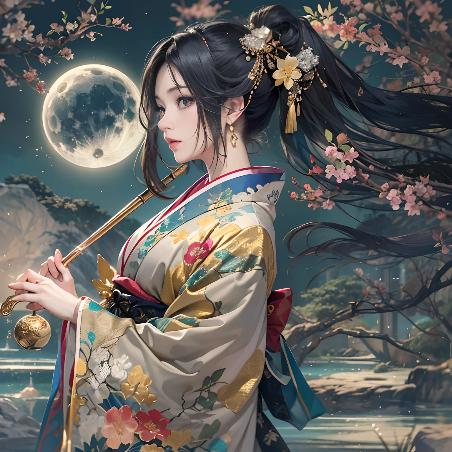 watching at viewers、Ancient capital and moon in the background、((Dense background))、poneyTail、Woman with shiny black hair、perfect hand、break {{{Luxury kimono(Colorful kimono(Detailed golden embroidery,))}}}、face perfect,Depict a beautiful and graceful woman of Japan。Heart in the eye。full body Esbian。 Wallpaper 8K, .Blur the background with a sickle,((masutepiece)), ((Best Quality))