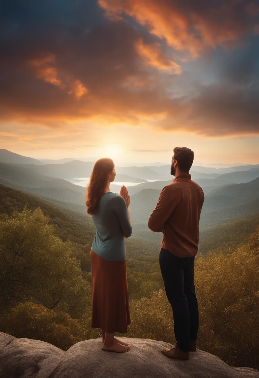 16:9 realistic image of some people looking at a stunning landscape in front, slightly upwards, in a prayer posture with their hands on their chest.