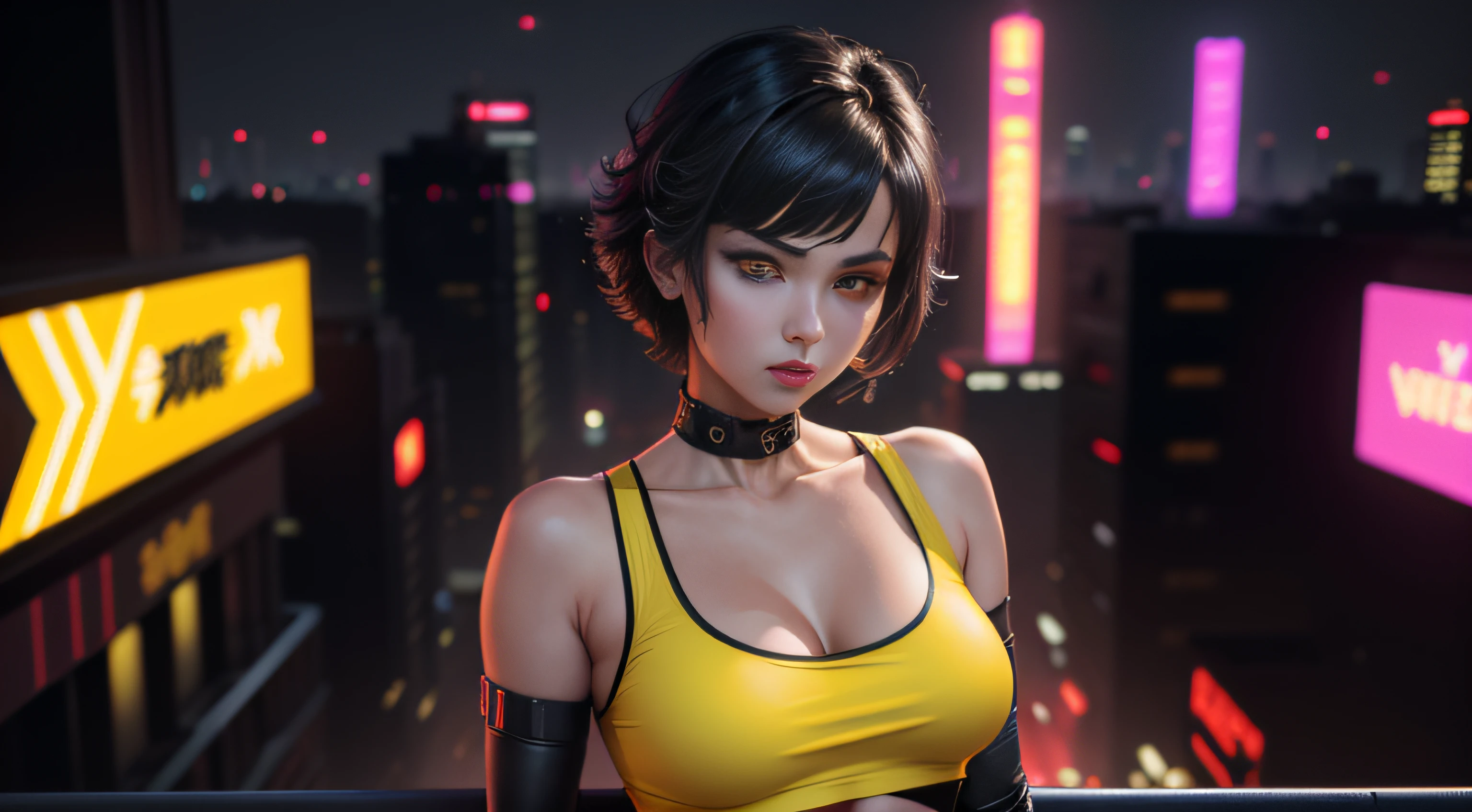 80s style 1 sexy girl, submissive face looking, short black hair, yellow eyes, wearing cyberpunk crop top dress, neo-tokyo night club rooftop bar, city lights cinematic background, dancing, only show half body from hips, absurdres, high res, ultrasharp, 8K, masterpiece, cool anime perspective drawing style.