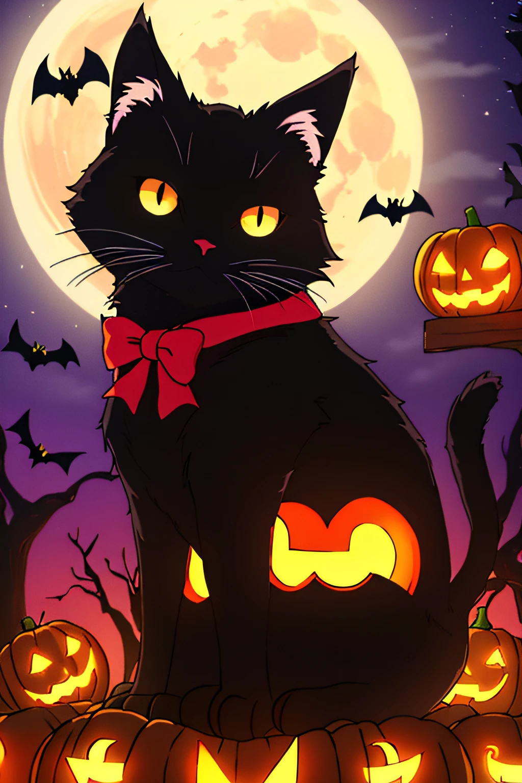 (Best quality,A high resolution:1.2)，Black cat lying on pumpkin，The background is the big moon，Halloween vibe，the bats，black cats，large moon，pumpkins，Freehand drawing，illustration