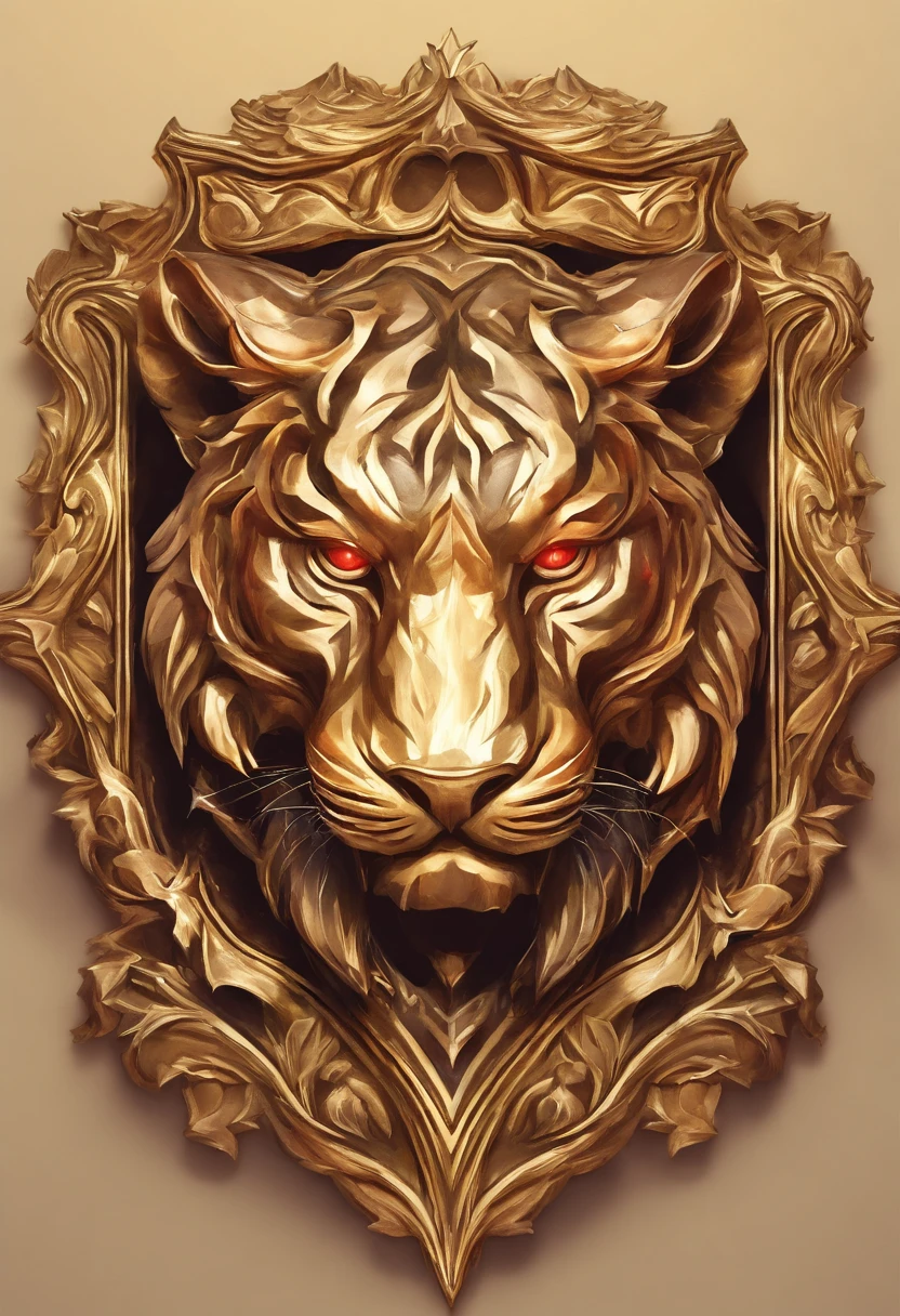 Game medallion with metal tiger head closeup with crown，Close-up of dragon head，hearthstone art style, Hearthstone style art, hearthstone concept art, Riot game concept art, style of league of legends, iconic character splash art, League of Legends crown，Game badge，Surrounding metal feathers，Red gold，c4d渲染，Less detail，less detailing，Huge metal tiger head in the middle