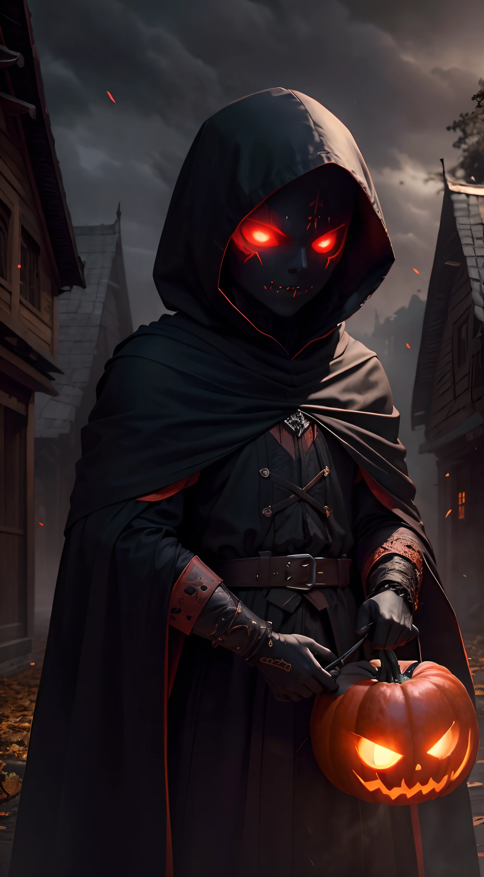 masterpiece, 1600s, (Night Shade), young humanoid, demon, character, horror, pumpkin head, dark, black hood, long blade, night time, cold, glowing red eyes, outside, village, evil, from hell, mist, fog, falling leafs, fall weather,