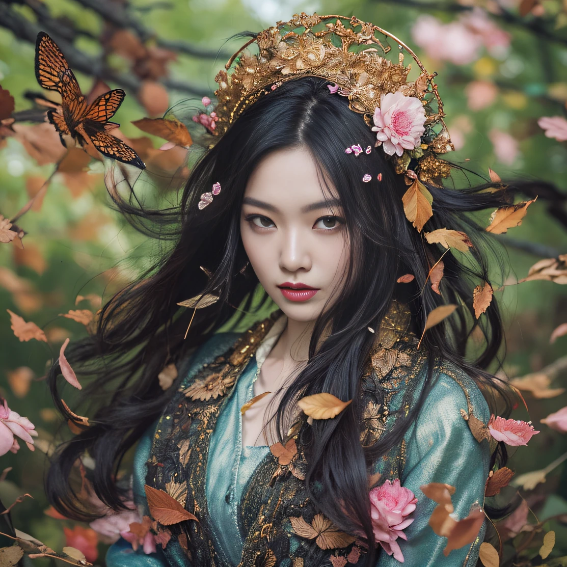 Gold backstop 32K（tmasterpiece，k hd，hyper HD，32K）Long flowing black hair，ponds，zydink， a color， Aozhou people （Concubine girl）， （Purple silk scarf）， Combat posture， looking at the ground， long whitr hair， Floating hair， Carp pattern headdress， Chinese long-sleeved clothing， （Abstract gouache splash：1.2）， Pink petal background，Pink and white lotus flowers fly（realisticlying：1.4），Black color hair，Fallen leaves flutter，The background is pure， A high resolution， the detail， RAW photogr， Sharp Re， Nikon D850 Film Stock Photo by Jefferies Lee 4 Kodak Portra 400 Camera F1.6 shots, Rich colors, ultra-realistic vivid textures, Dramatic lighting, Unreal Engine Art Station Trend, cinestir 800，Long flowing black hair，Denim skirt
