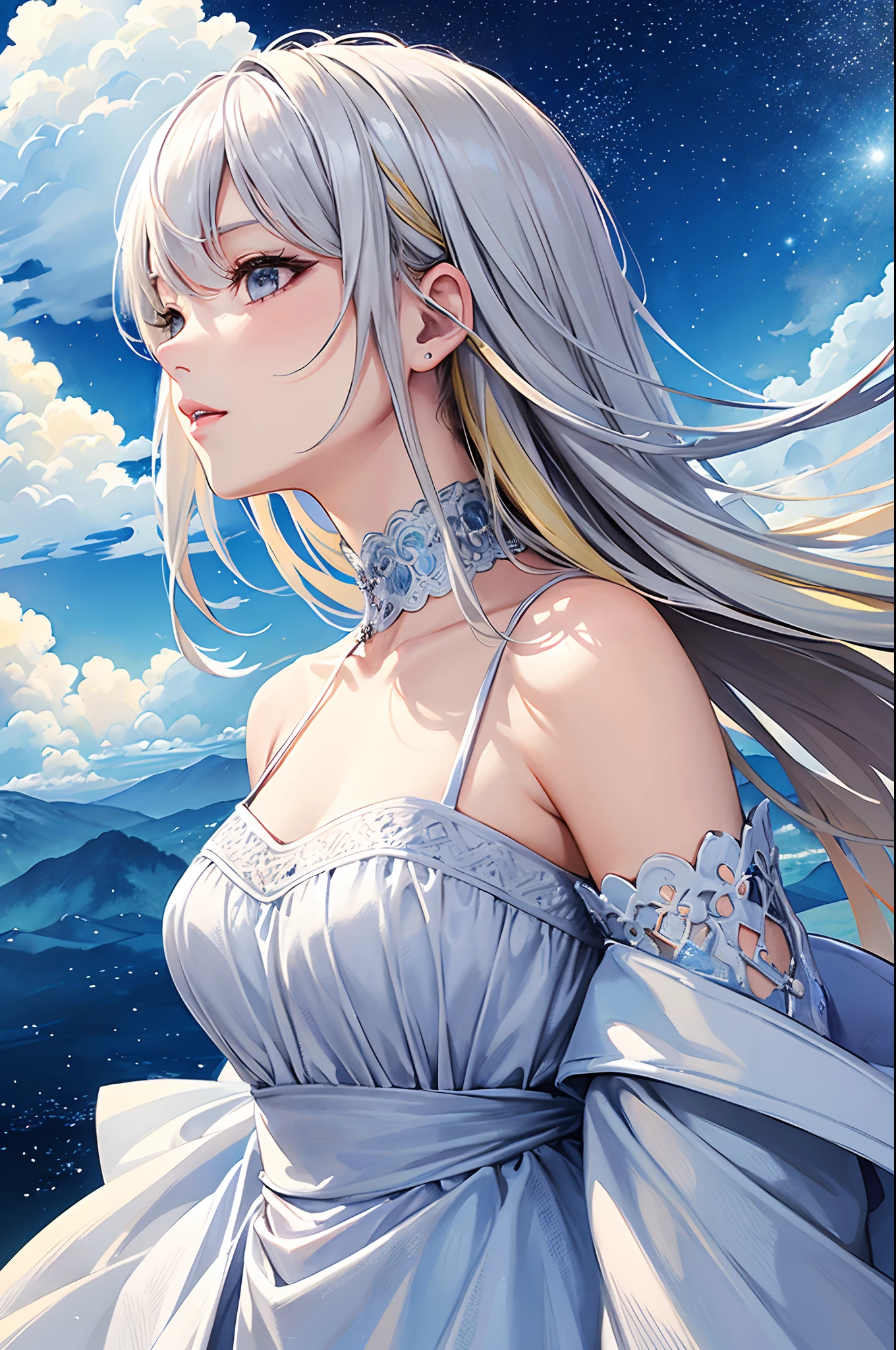 (tmasterpiece、top-quality、top-quality、watercolor paiting(straight)、offcial art、aestheticly pleasing:1.2)、(1girl in:1.3)、(Fractal art:1.3)、The upper part of the body、From the side Side、looking at viewert、patterns、(colorfulhair、Half blonde,Half of the hair is silver:1.2)、Eau、liquids、clouds、Extremely colorful、starrysky、stone monument、