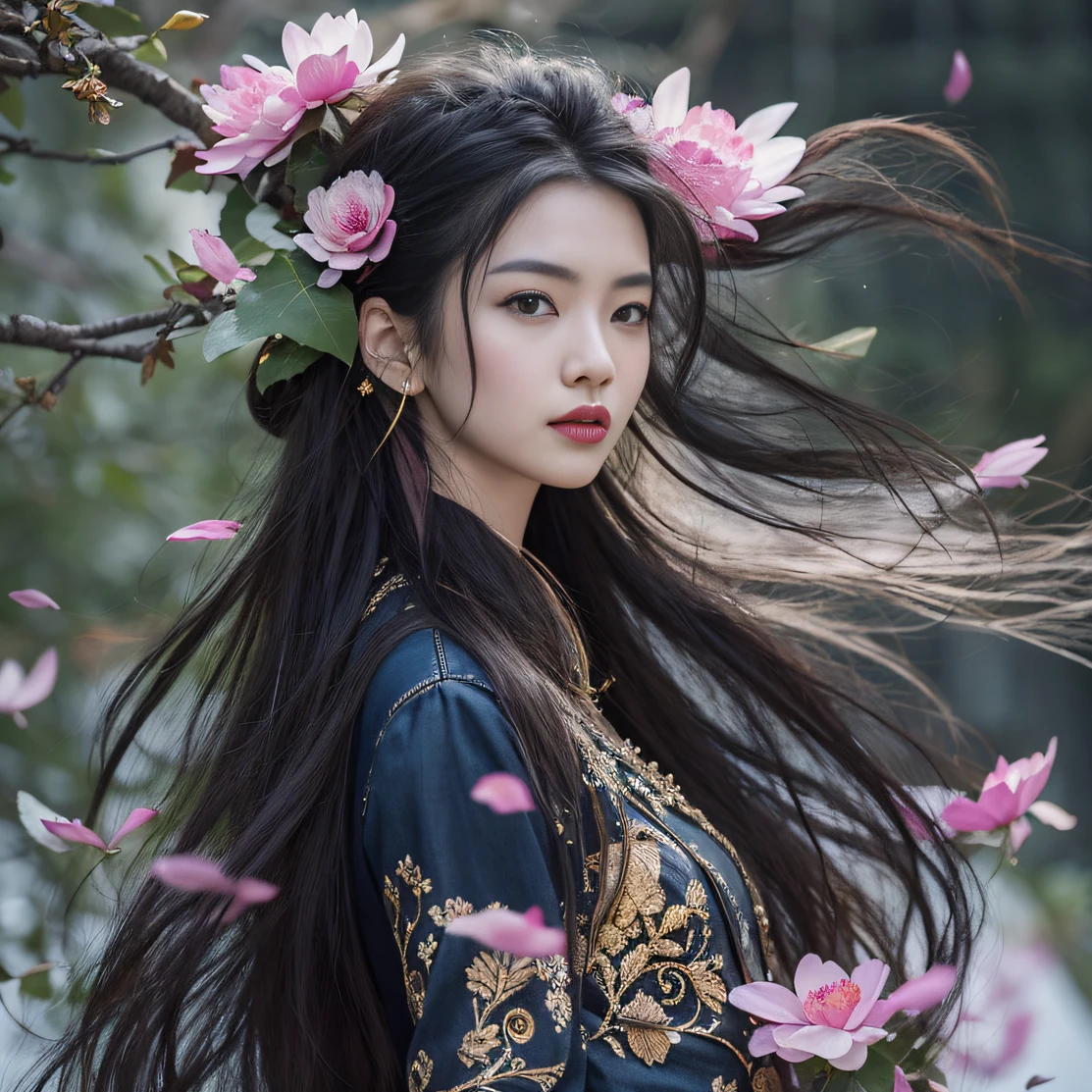 Gold backstop 32K（tmasterpiece，k hd，hyper HD，32K）Long flowing black hair，ponds，zydink， a color， Aozhou people （Concubine girl）， （Purple silk scarf）， Combat posture， looking at the ground， long whitr hair， Floating hair， Carp pattern headdress， Chinese long-sleeved clothing， （Abstract gouache splash：1.2）， Pink petal background，Pink and white lotus flowers fly（realisticlying：1.4），Black color hair，Fallen leaves flutter，The background is pure， A high resolution， the detail， RAW photogr， Sharp Re， Nikon D850 Film Stock Photo by Jefferies Lee 4 Kodak Portra 400 Camera F1.6 shots, Rich colors, ultra-realistic vivid textures, Dramatic lighting, Unreal Engine Art Station Trend, cinestir 800，Long flowing black hair，Denim skirt