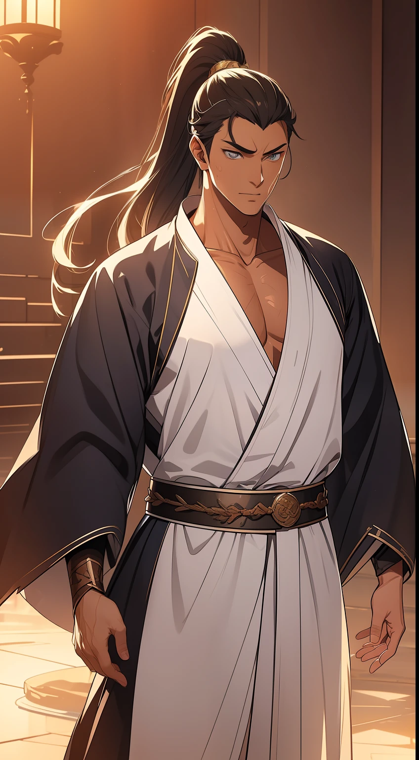 quadratic element，style of anime，mtu（Male Warrior），The proportions are correct，Face details，swordsmen，High ponytail hairstyle，Neck details，There is an Adam's apple，White robe，kaftan，long white robe，clothes details，Handing over，longer sleeves，Game quality，Swordsmanship，Light and shadow tracking，Ray traching，detailed glow，cg render，hair detail，cabelos preto e longos，blue colored eyes，Handsome，Handsome，（juvenile sense），Clothing is complicated，Perfectcomposition，Refinement，high qulity，higher details，Lots of details，The background is complex，a sense of atmosphere，