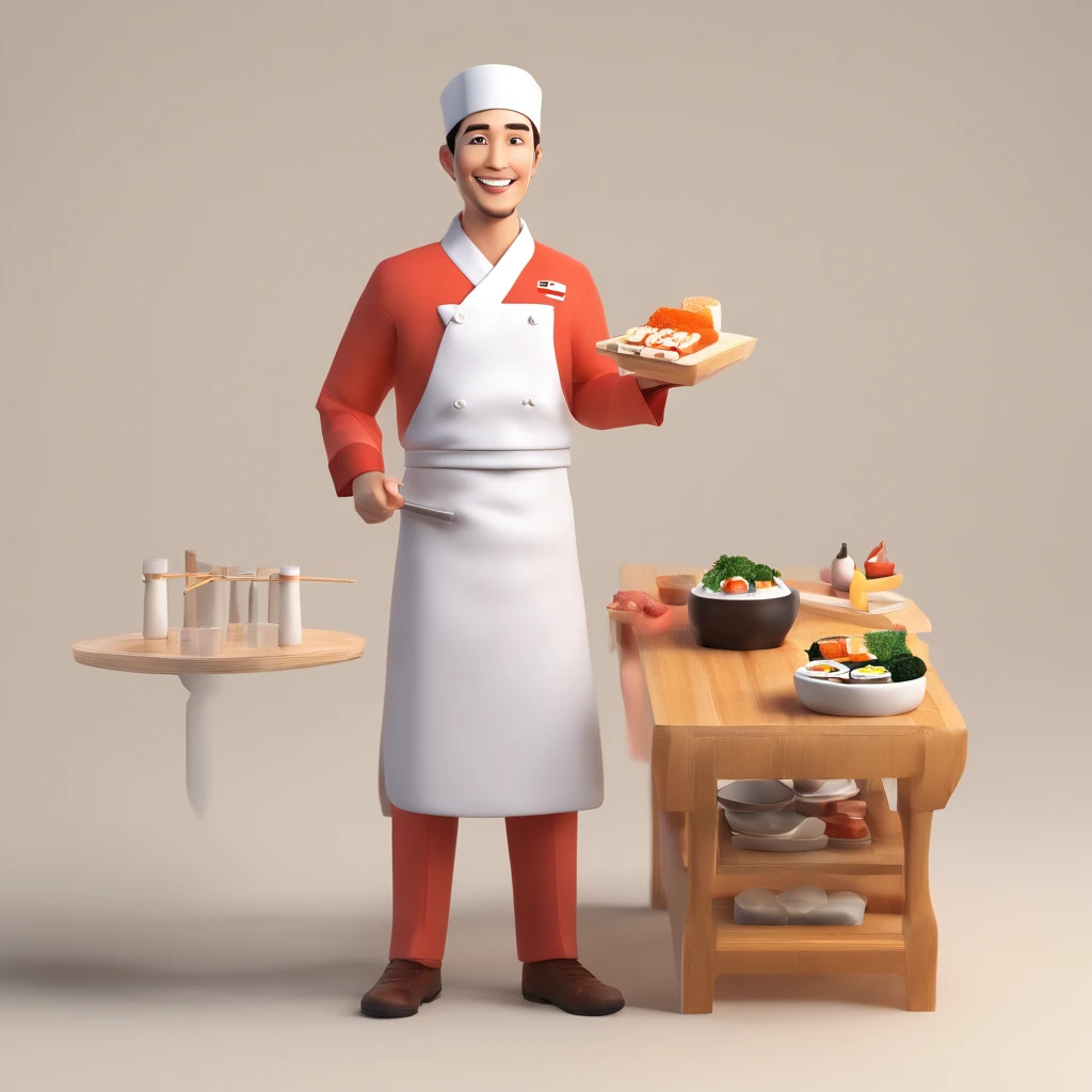 Background with：white
figure：1 male
clothing：Sushi chef's attire（Manteau blanc、Hachimaki、pinafore）
expressioness：smiling face
pose：Holding sushi
