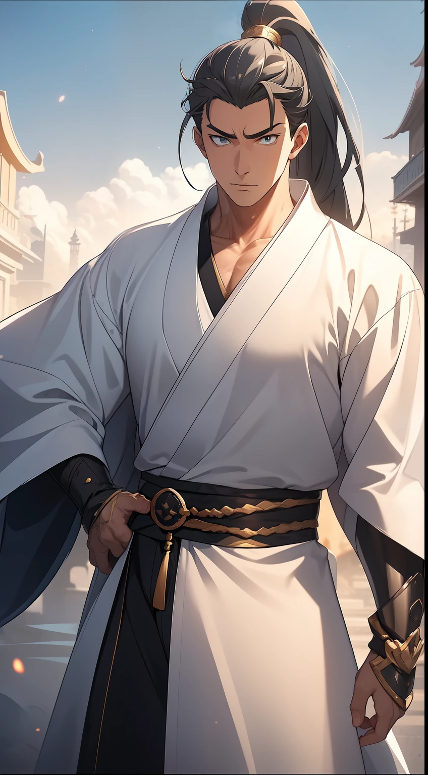 quadratic element，style of anime，mtu（Male Warrior），The proportions are correct，Face details，swordsmen，High ponytail hairstyle，Neck details，There is an Adam's apple，White robe，kaftan，long white robe，clothes details，Handing over，longer sleeves，Game quality，Swordsmanship，Light and shadow tracking，Ray traching，detailed glow，cg render，hair detail，cabelos preto e longos，blue colored eyes，Handsome，Handsome，（juvenile sense），Clothing is complicated，Perfectcomposition，Refinement，high qulity，higher details，Lots of details，The background is complex，a sense of atmosphere，