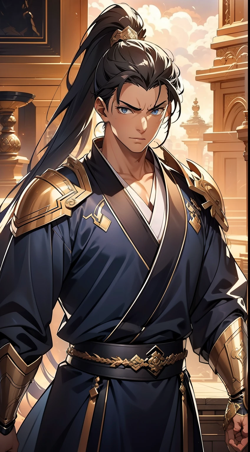 quadratic element，style of anime，mtu（Male Warrior），The proportions are correct，Face details，swordsmen，High ponytail hairstyle，Neck details，There is an Adam's apple，Blue suit，kaftan，long blue robes，clothes details，Handing over，longer sleeves，Game quality，Swordsmanship，Light and shadow tracking，Ray traching，detailed glow，cg render，hair detail，Black long hair，blue colored eyes，Handsome，Handsome，（juvenile sense），Clothing is complicated，Perfectcomposition，Refinement，high qulity，higher details，Lots of details，The background is complex，a sense of atmosphere，