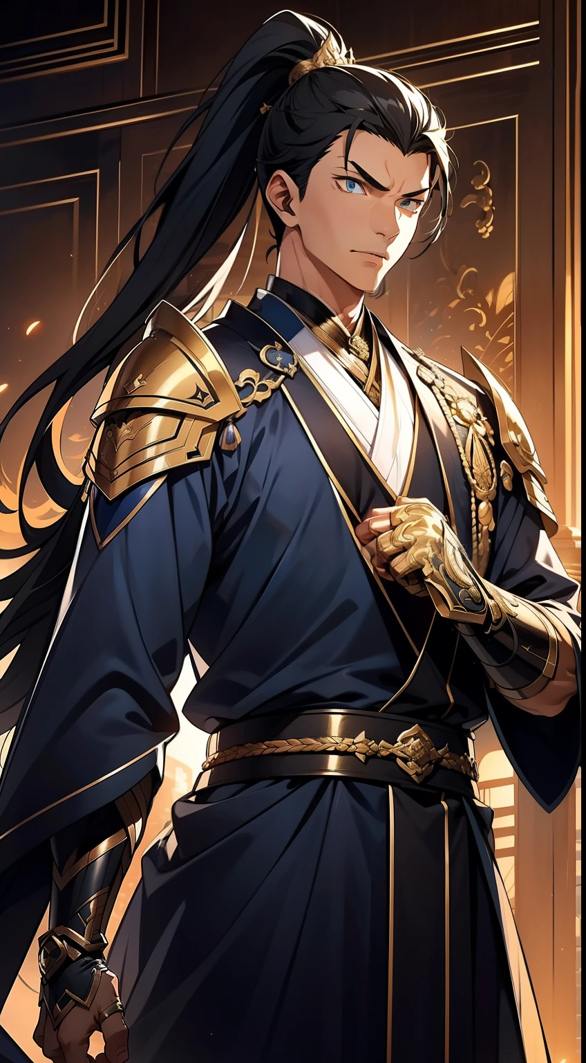 quadratic element,style of anime,mtu(Male Warrior),The proportions are correct,Face details,swordsmen,High ponytail hairstyle,Neck details,There is an Adam's apple,Blue suit,kaftan,long blue robes,clothes details,Handing over,longer sleeves,Game quality,Swordsmanship,Light and shadow tracking,Ray traching,detailed glow,cg render,hair detail,Black long hair,blue colored eyes,Handsome,Handsome,(juvenile sense),Clothing is complicated,Perfectcomposition,Refinement,high qulity,higher details,Lots of details,The background is complex,a sense of atmosphere,