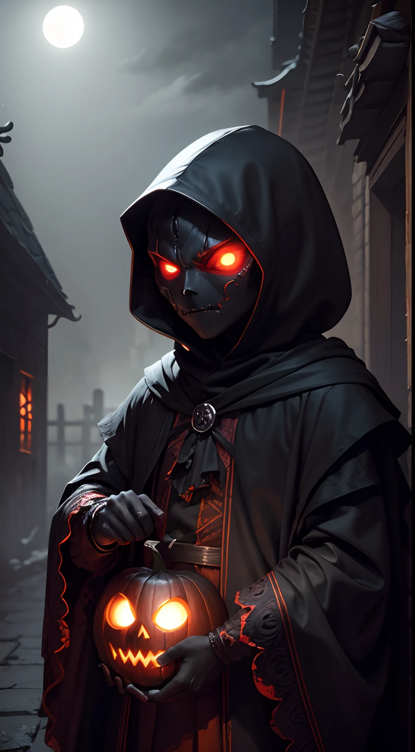masterpiece, 1600s, (Night Shade), young humanoid, demon, character, horror, pumpkin head, dark, black hood, long blade, night time, cold, glowing red eyes, outside, village, evil, from hell, mist, fog, falling leafs, fall weather,