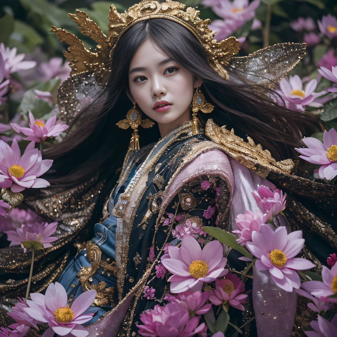 Gold backstop 32K(tmasterpiece,k hd,hyper HD,32K)Long flowing black hair,ponds,zydink, a color, Aozhou people (Concubine girl), (Purple silk scarf), Combat posture, looking at the ground, long whitr hair, Floating hair, Carp pattern headdress, Chinese long-sleeved clothing, (Abstract gouache splash:1.2), Pink petal background,Pink and white lotus flowers fly(realisticlying:1.4),Black color hair,Fallen leaves flutter,The background is pure, A high resolution, the detail, RAW photogr, Sharp Re, Nikon D850 Film Stock Photo by Jefferies Lee 4 Kodak Portra 400 Camera F1.6 shots, Rich colors, ultra-realistic vivid textures, Dramatic lighting, Unreal Engine Art Station Trend, cinestir 800,Long flowing black hair,Denim skirt