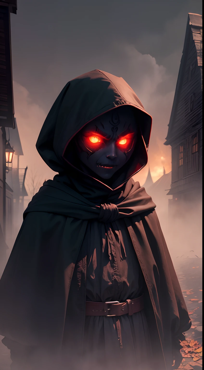 masterpiece, 1600s, (Night Shade), young humanoid, demon, character, horror, pumpkin head, dark, black hood, long blade, night time, cold, glowing red eyes, outside, village, evil, from hell, mist, fog, falling leafs, fall weather,