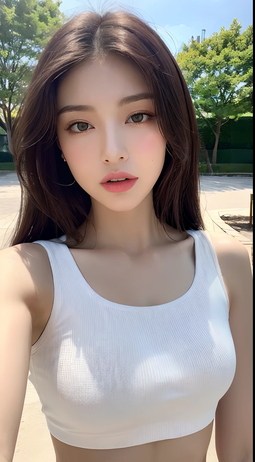 ((Realistic lighting, Best quality, 8K, Masterpiece: 1.3)), Clear focus: 1.2, 1girl, Perfect Figure: 1.4, Slim Abs: 1.1, ((Dark brown hair)), (White crop top: 1.4), (Outdoor, Night: 1.1), City streets, Super fine face, Fine eyes, Double eyelids,
