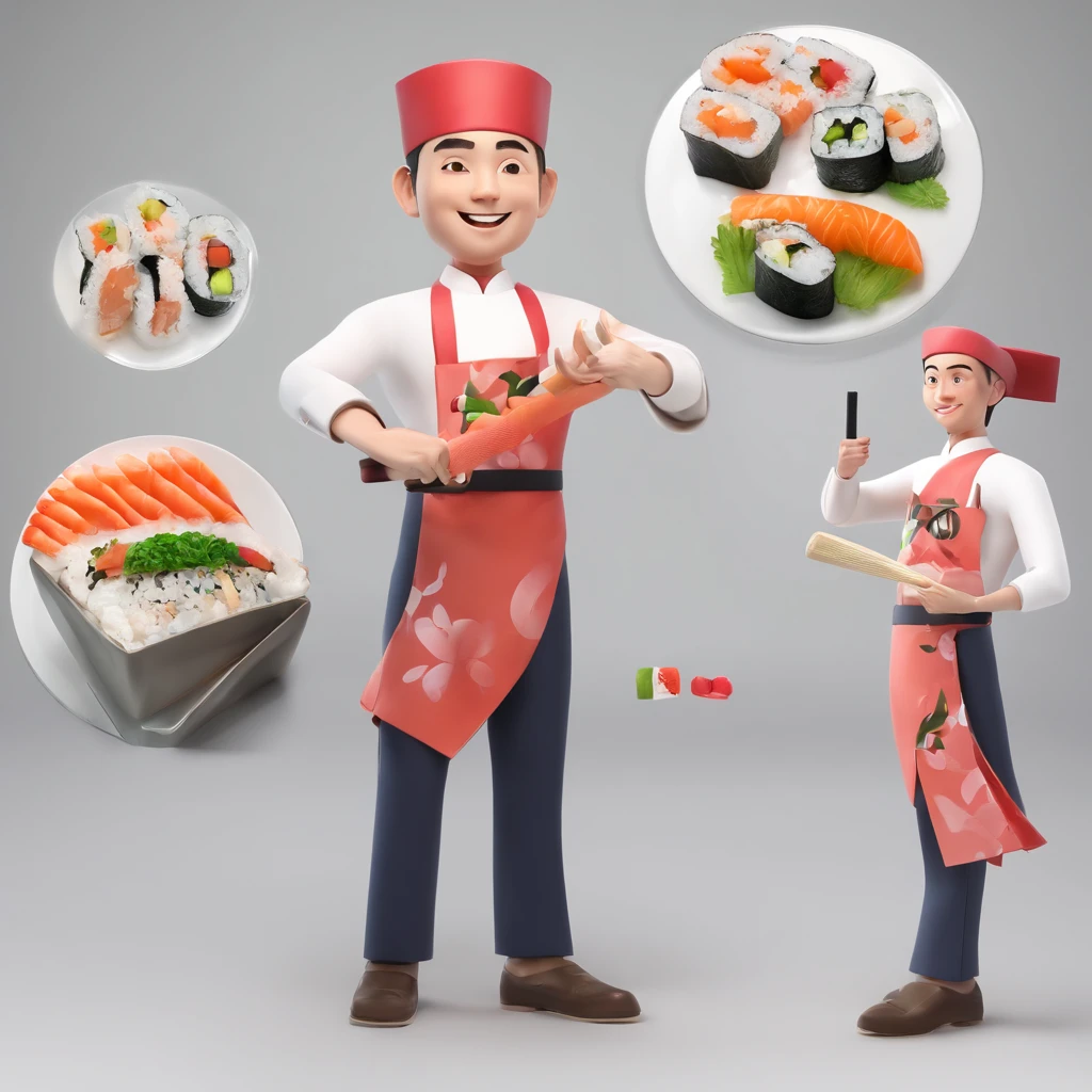 Background with:white
figure:1 male
clothing:Sushi chef's attire(Manteau blanc、Hachimaki、pinafore)
expressioness:smiling face
pose:Holding sushi