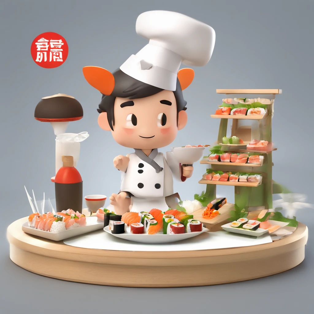 Background with:white
figure:1 male
clothing:Sushi chef's attire(Manteau blanc、Hachimaki、pinafore)
expressioness:smiling face
pose:Holding sushi