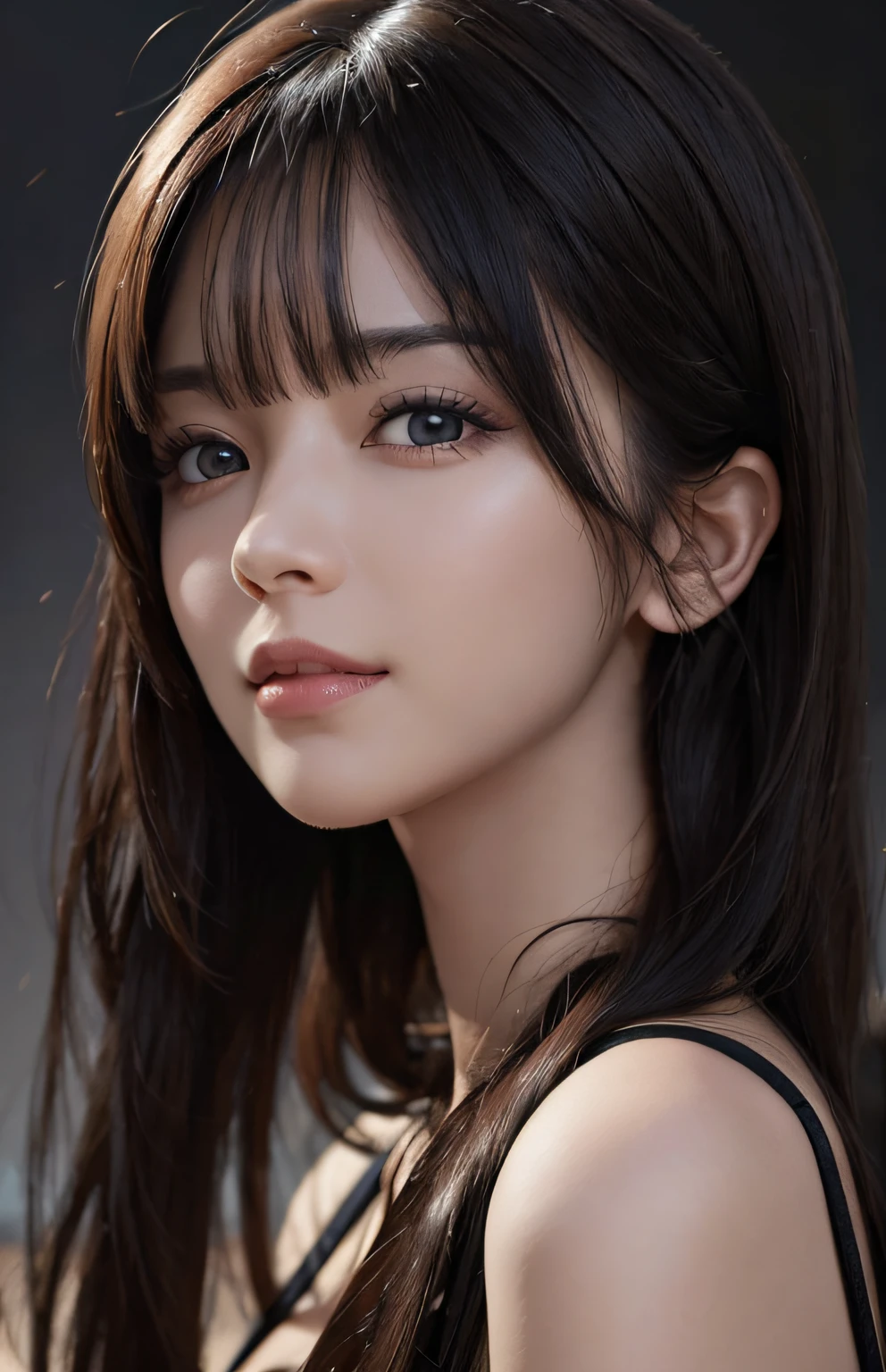 (Ultra Realistic), (Illustration), (Increased Resolution), (8K), (Extremely Detailed), (Best Illustration), (Beautiful and Detailed Eyes), (Best Quality), (Ultra Detailed), (Masterpiece ), ( wallpaper), (detailed face), solo, 1 girl, looking at viewer, fine details, detailed face, in the dark, deep shadows, low key, pureerosfaceace_v1, smiling, long hair, black shawl straight hair , 46 points oblique bangs