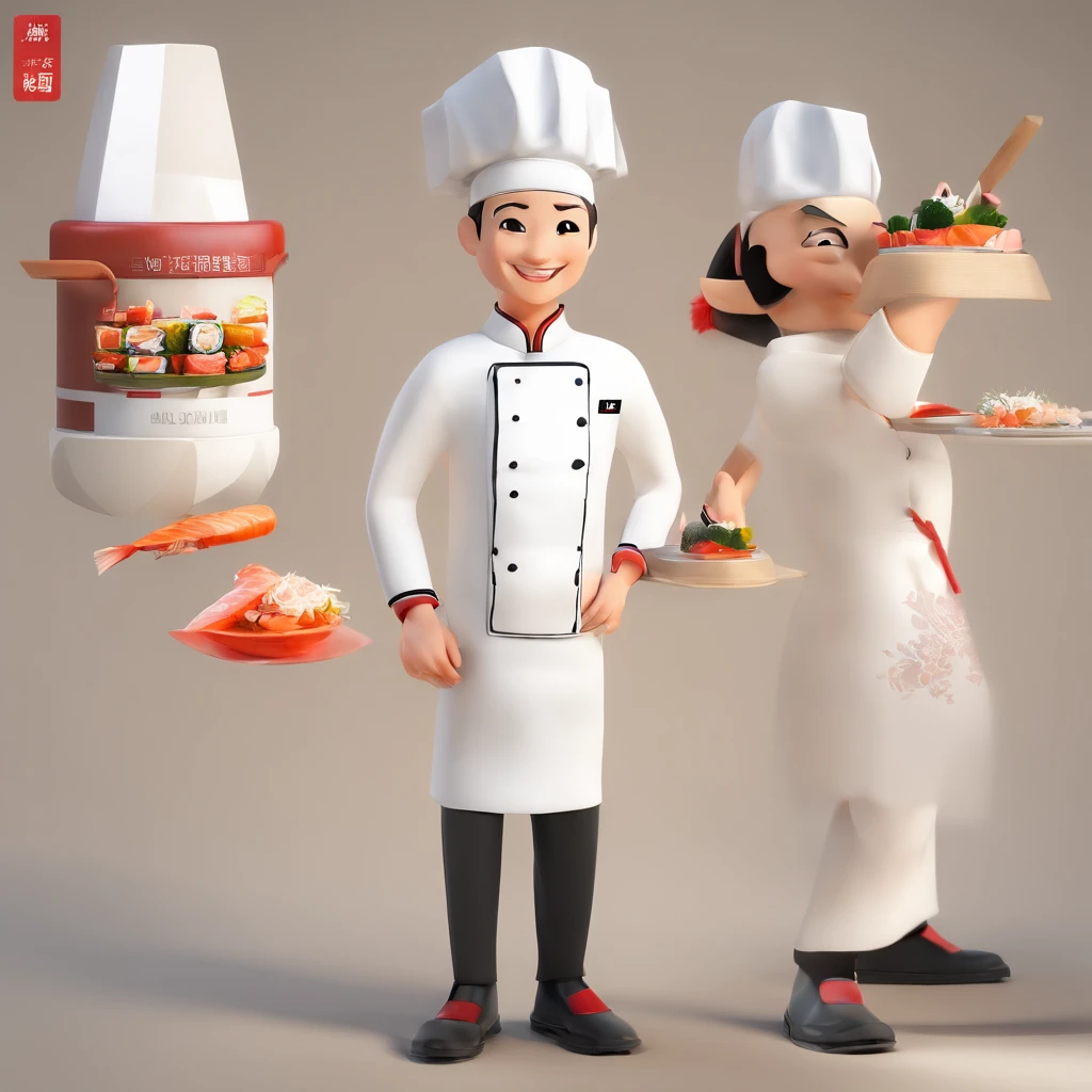 Background with:white
figure:1 male
clothing:Sushi chef's attire(Manteau blanc、Hachimaki、pinafore)
expressioness:smiling face
pose:Holding sushi