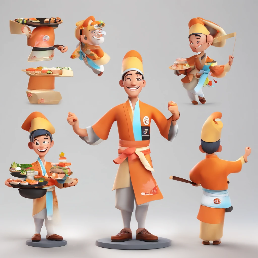 Background with:white
figure:1 male
clothing:Sushi chef's attire(Manteau blanc、Hachimaki、pinafore)
expressioness:smiling face
pose:Holding sushi