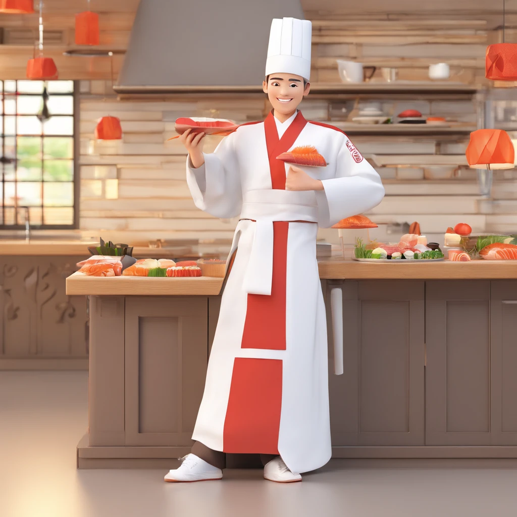 Background with:white
figure:1 male
clothing:Sushi chef's attire(Manteau blanc、Hachimaki、pinafore)
expressioness:smiling face
pose:Holding sushi
