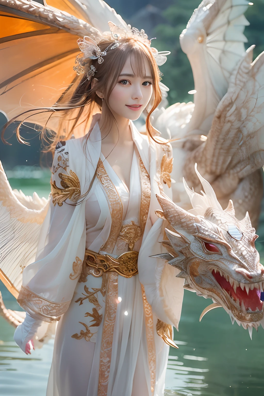 Dragons in Chinese mythology,(Portrait of an angel and a dragon god:1.3,)(Sheer and revealing white fluffy outfit:1.3, ),(Angel with glass wings floating above lake:1.3), (A glass dragon protects angels from behind:1.3),shiny light brown and orange striped hair,,,,,Cute smile,Perfect round face,A cheerful smile that makes the viewer happy,Proper body proportion,masutepiece,Super high-quality output images,hight resolution,Intricate details,Hair fluttering in a very delicate and beautiful wind,photos realistic,Dreamy,Professional Lighting,realistic shadow,Beautiful hands,Beautiful fingers,Detailed finger features,detailed clothes features,Detailed hair features,detailed facial features,