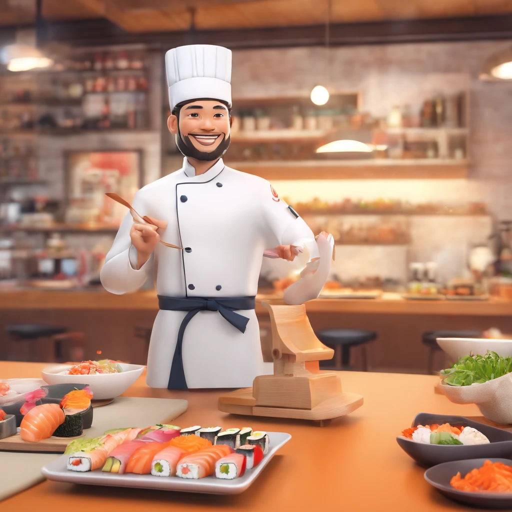 Background with:white
figure:1 male
clothing:Sushi chef's attire(Manteau blanc、Hachimaki、pinafore)
expressioness:smiling face
pose:Holding sushi