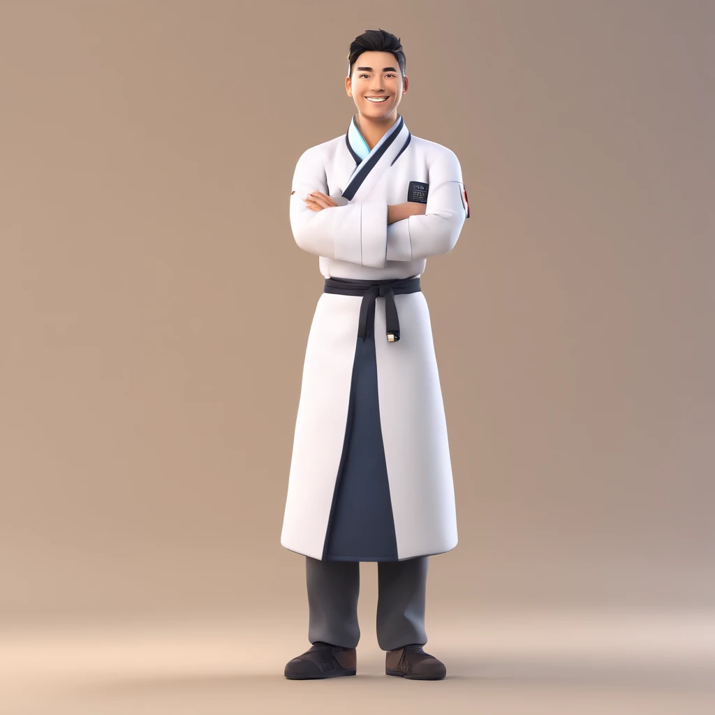 Background with:white
figure:1 male
clothing:Sushi chef's attire(Manteau blanc、Hachimaki、pinafore)
expressioness:smiling face
pose:Holding sushi