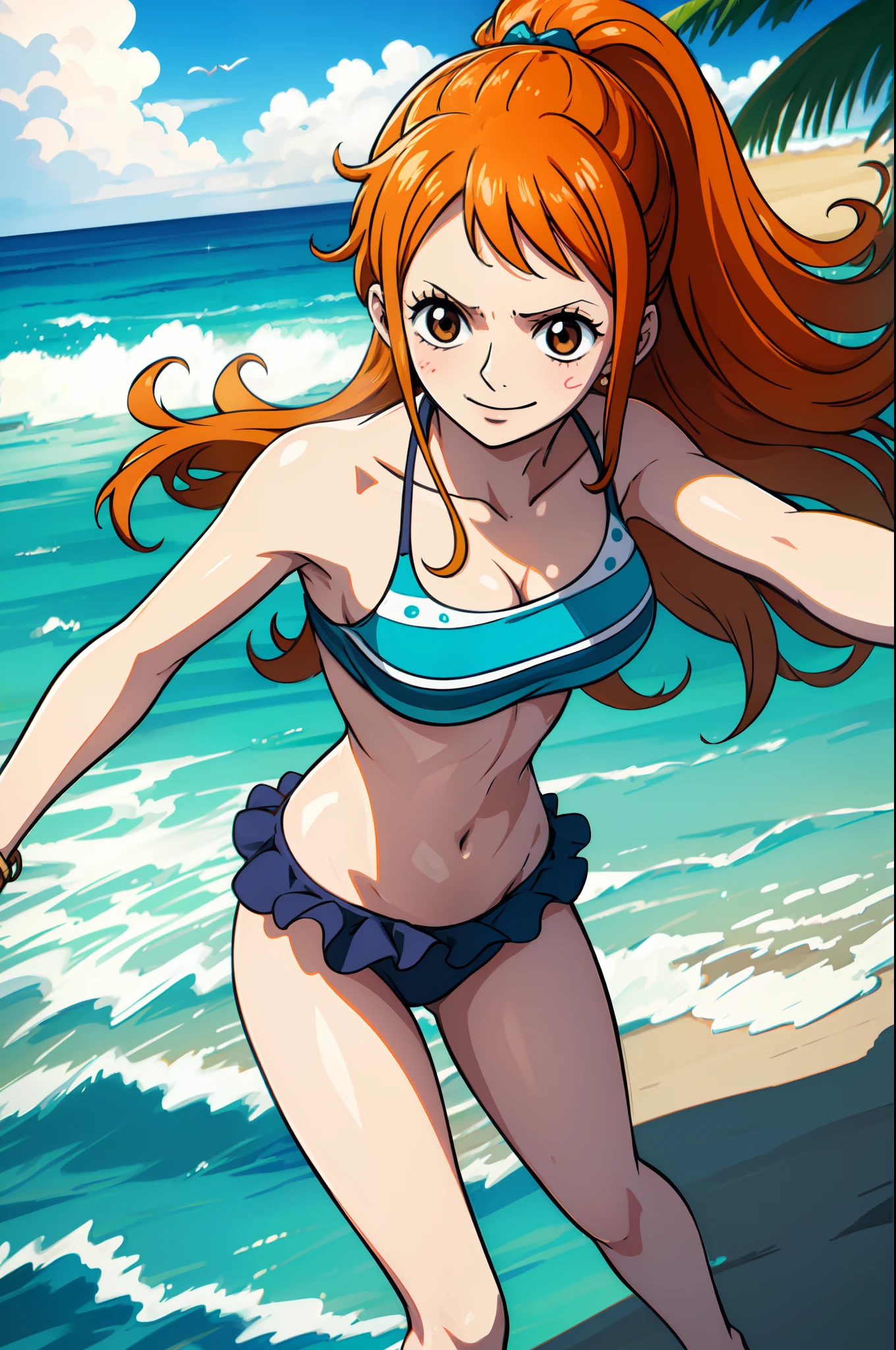 (best quality,ultra-detailed,realistic:1.37),anime art style,Nami from One Piece,brown eyes,orange long ponytail hair,blushing,wearing black bikini,standing on a sandy beach, gentle ocean waves in the background, bright sunlight shining down on her,seagulls flying in the sky,sparkling blue seawater,detailed sand texture on the beach,shadows cast by palm trees, vibrant colors, dynamic pose, playful expression.