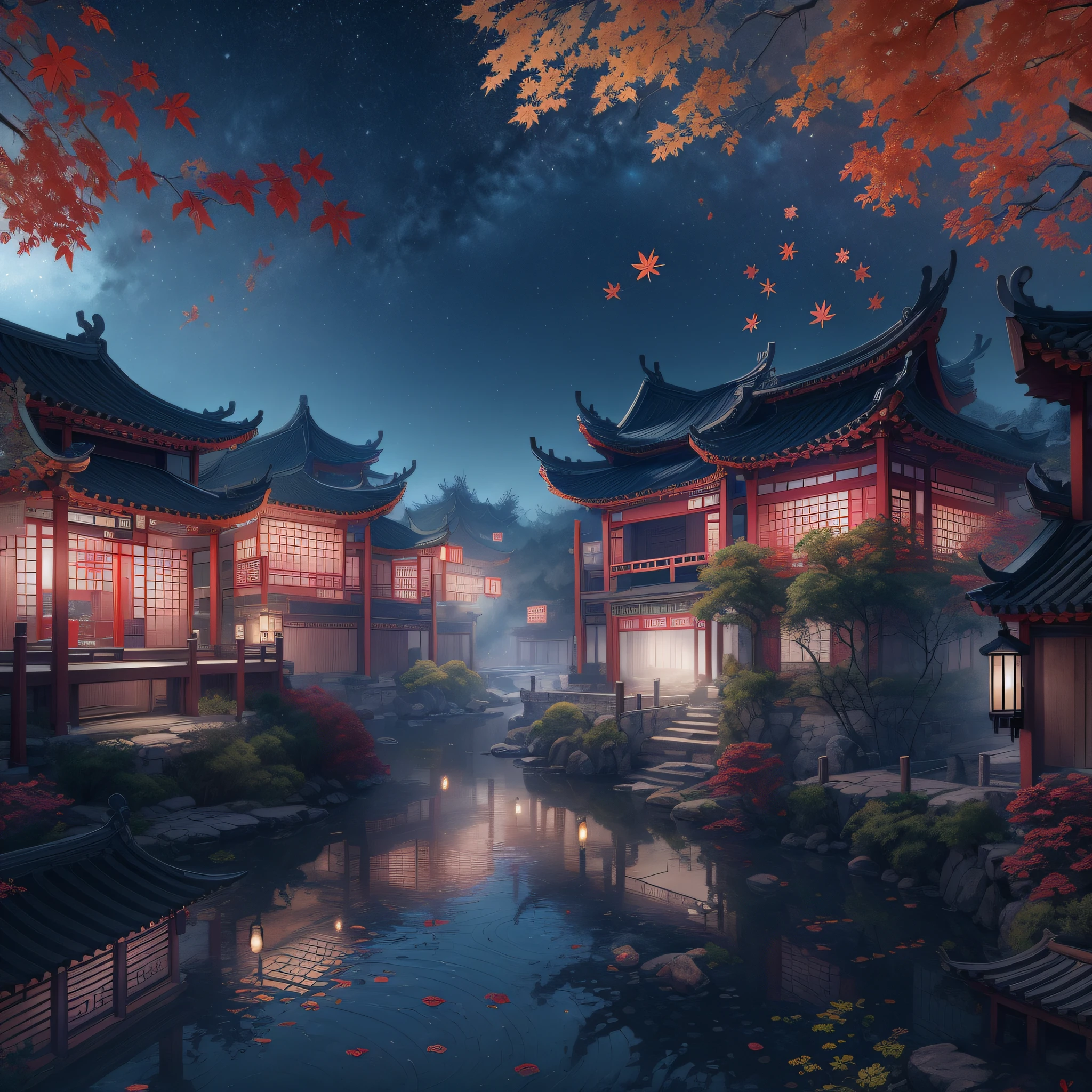 High definition in ancient Chinese surreal CG rendering,Jiangnan ancient buildings and ancient towns have Yaolin wonderland。the night,The stars are bright,The smoke is fascinating,Maple leaves and milk leaves are trees。snow landscape。k hd