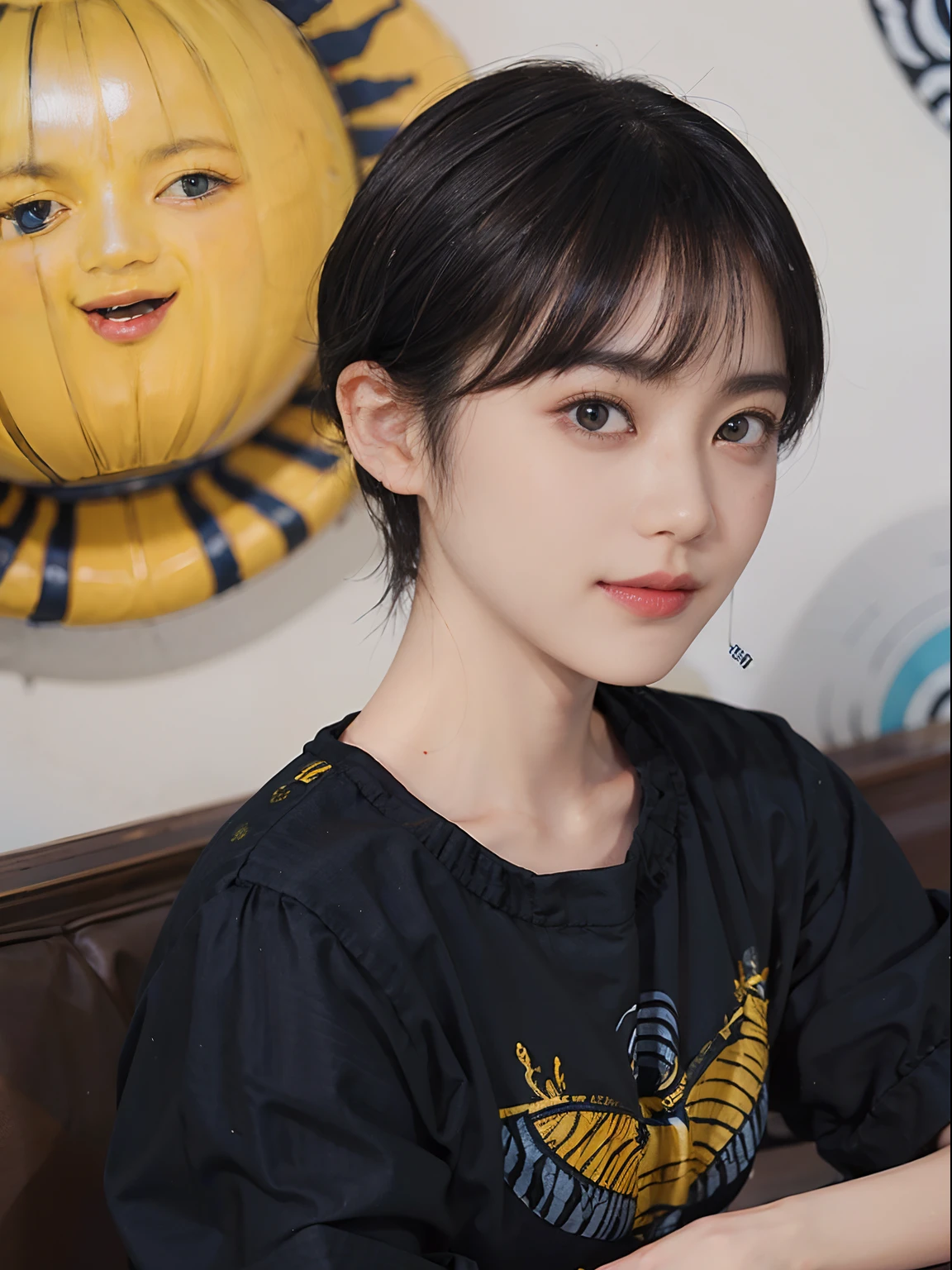 ((1womanl)),  (((Black-short-hair))), （masuter piece：1,3）、top-quality、​masterpiece、hight resolution、Original、highly detailed wallpaper、jeans、Large ribbon, (A slight smil)、a small face、((Breast bulge))、(Zebra print T-shirt)、(Yellow and blue clothes)、(light on face)、Live-action style, Beautiful facial features, darkened room, Gunman Shot