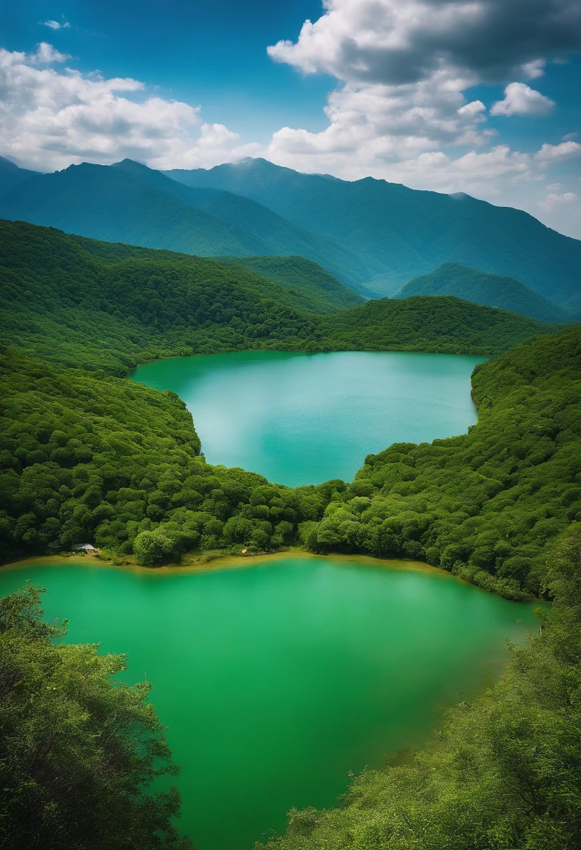 (tmasterpiece,Authentic photography,Photographic works,Concise composition:1.5),Landscape scenery,Green Mountains and Green Water,with blue sky and white clouds,StunningNaturalViews