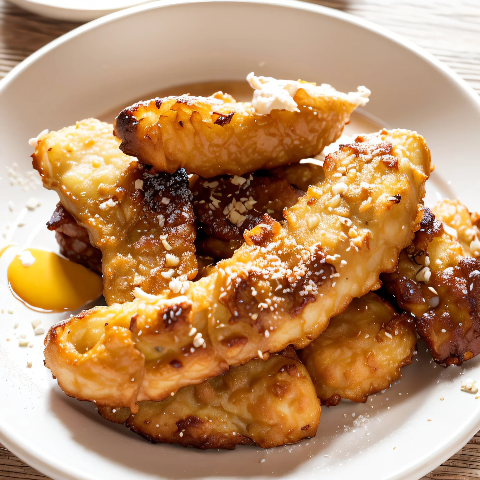 there are some fried food on a white plate on a table, very crispy, deep fried, battered, banana fritters, style of chippy, crispy, yummy, pikes, recipe,