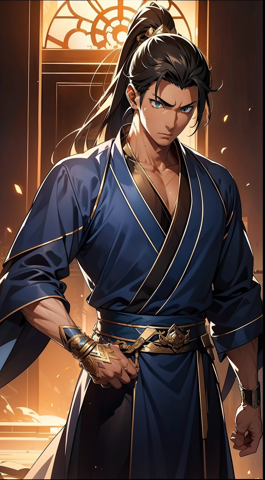 Two-dimensional, anime style, man (male warrior), muscle, correct proportions, face details, martial arts, high ponytail hairstyle, sweating, sweaty face, drooling, neck details, with Adam's apple, wet, wet, Hanfu costume, long robe, embroidered robe, dragon robe, clothing details, collar, long sleeves, game quality, swordsman demeanor, light and shadow tracing, ray tracing, detail glow, CG rendering, hair details, long black hair, golden eyes, sweaty face, handsome, handsome, sweat beads slipping down the neck, (juvenile feeling), complex clothing, wet, wet, perfect composition, refinement, high quality, more details, a lot of details, complex background, atmosphere,
