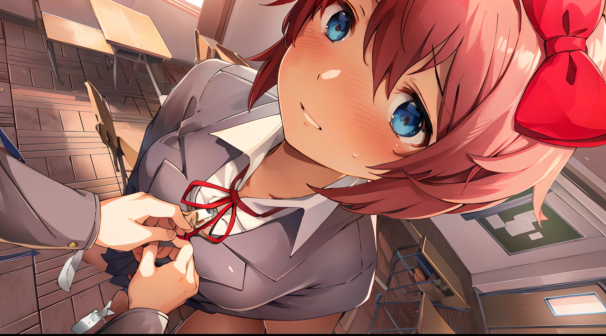 anime girl with red hair and blue eyes in a room, smooth anime cg art, with index finger, rin, close up iwakura lain, anime visual of a cute girl, kurisu makise, beautiful anime high school girl, detailed key anime art, detailed digital anime art, wallpaper!, sayori, seductive anime girl, rias gremory, sweat drop, small smile, blushing, top perspective, blue shoes, tying tie