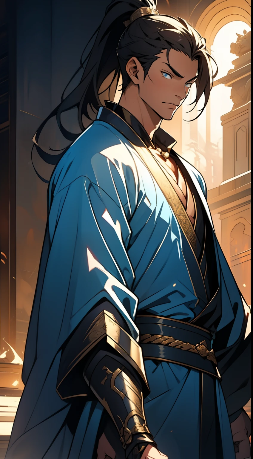 quadratic element,style of anime,mtu(Male Warrior),The proportions are correct,Face details,swordsmen,High ponytail hairstyle,Neck details,There is an Adam's apple,Blue suit,kaftan,long blue robes,clothes details,Handing over,longer sleeves,Game quality,Swordsmanship,Light and shadow tracking,Ray traching,detailed glow,cg render,hair detail,Black long hair,blue colored eyes,Handsome,Handsome,(juvenile sense),Clothing is complicated,Perfectcomposition,Refinement,high qulity,higher details,Lots of details,The background is complex,a sense of atmosphere,