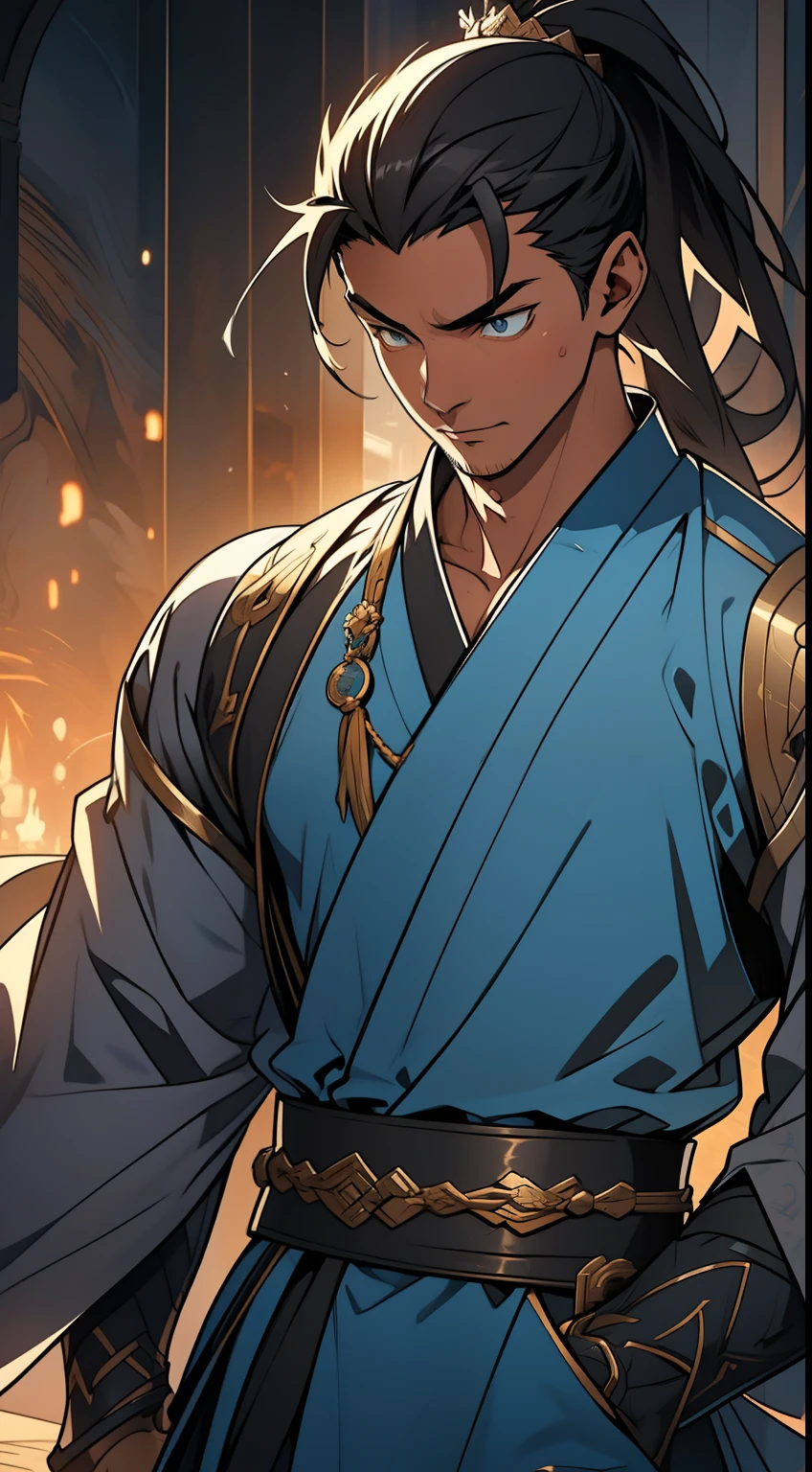 quadratic element,style of anime,mtu(Male Warrior),The proportions are correct,Face details,swordsmen,High ponytail hairstyle,Neck details,There is an Adam's apple,Blue suit,kaftan,long blue robes,clothes details,Handing over,longer sleeves,Game quality,Swordsmanship,Light and shadow tracking,Ray traching,detailed glow,cg render,hair detail,Black long hair,blue colored eyes,Handsome,Handsome,(juvenile sense),Clothing is complicated,Perfectcomposition,Refinement,high qulity,higher details,Lots of details,The background is complex,a sense of atmosphere,
