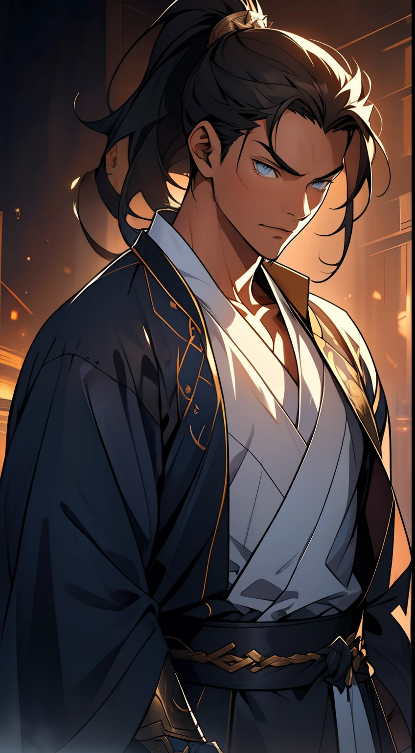 quadratic element,style of anime,mtu(Male Warrior),The proportions are correct,Face details,swordsmen,High ponytail hairstyle,Neck details,There is an Adam's apple,Blue suit,kaftan,long blue robes,clothes details,Handing over,longer sleeves,Game quality,Swordsmanship,Light and shadow tracking,Ray traching,detailed glow,cg render,hair detail,Black long hair,blue colored eyes,Handsome,Handsome,(juvenile sense),Clothing is complicated,Perfectcomposition,Refinement,high qulity,higher details,Lots of details,The background is complex,a sense of atmosphere,