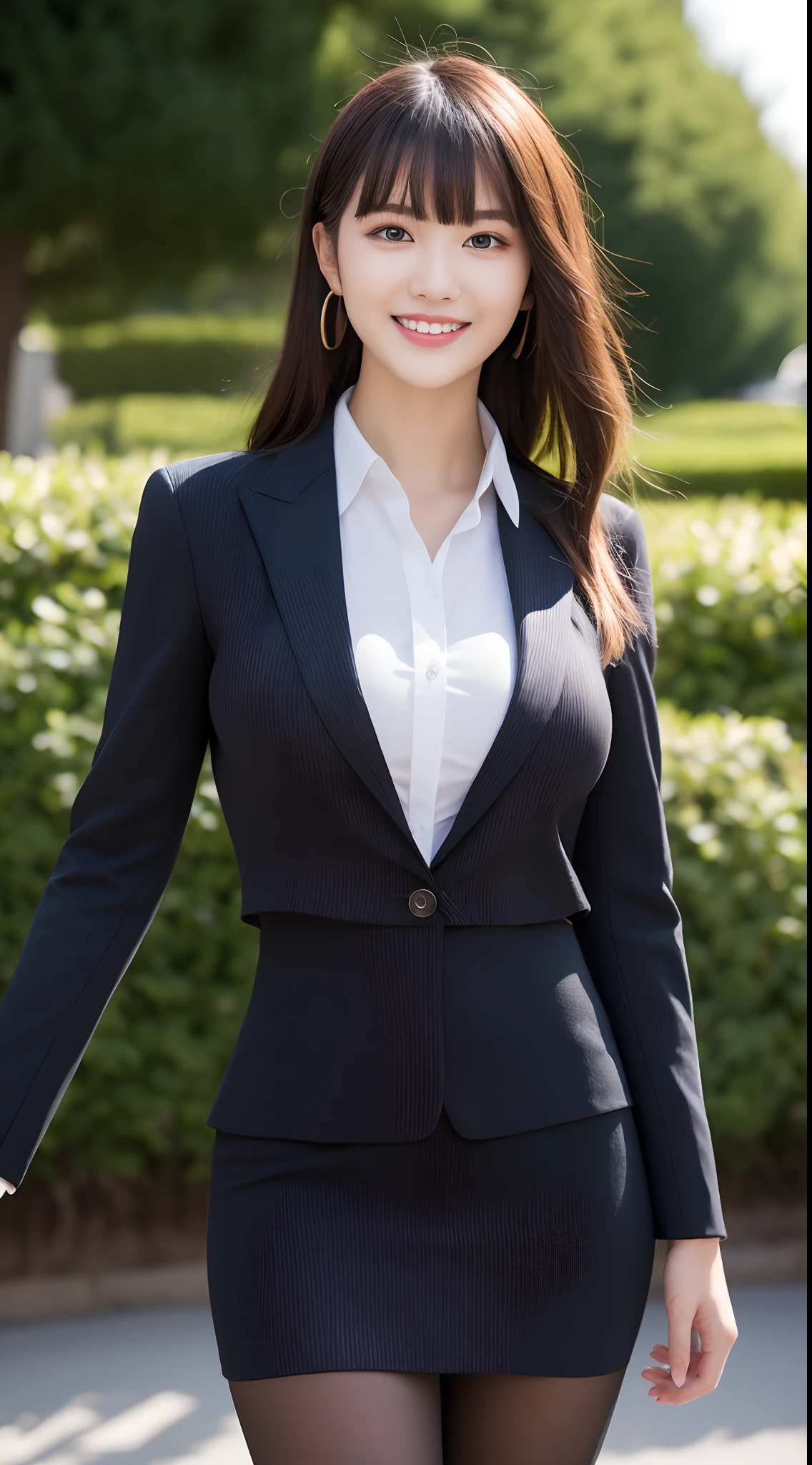 Woman in a suit standing on the sidewalk,((25-year-old woman))、small Breasts、Dark brown hair color、Hairstyle with bangs、Various hairstyles、Hairstyles of different lengths、(8k, RAW Photos, highest quality, Tabletop: 1.2),、(Realistic, Realistic: 1.3), Cityscape, Day, Sunny Morning, Professional Lighting, Photon Mapping, shirt, (Woman in a suit,) Silk Suit、Pencil Skirt、Tight Skirt、((Delicate photo)),(Detailed RAW Photos of Girls), (Tabletop:1.25), (highest quality:1.6), (超A high resolution:1.5), (Realistic:1.75), 8k resolution, Canon EOS R5, 50mm, absurdes, Ultra-detailed,Cinema Lighting, (Skirt Lift:1.4)、nsfw、the wind is strong、smile、Skirt flipped up、sexy panties