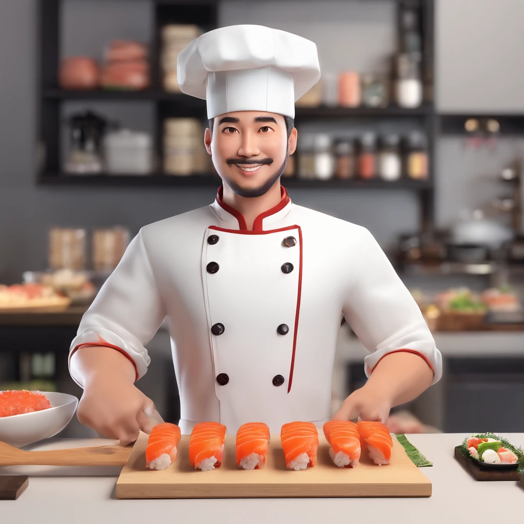 Background with:white, figure:1 male, clothing:Sushi chef's attire, (Manteau blanc、Hachimaki、pinafore), expressioness:smiling face, pose:Holding sushi, For LINE Stamp,