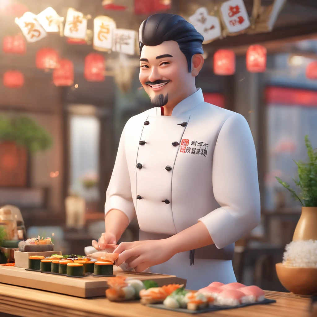 Background with：white, figure：1 male, clothing：Sushi chef's attire, (Manteau blanc、Hachimaki、pinafore), expressioness：smiling face, pose：Holding sushi, For LINE Stamp,